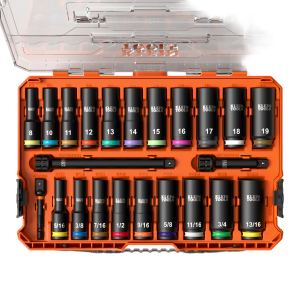 Klein Tools 65121-impct Juego de Dados de Impacto KNECT? (M) / 3/8 Drive Profundo / SAE y Métrico / 23 Piezas / Adapters Multi-Propósito / MODbox? Case