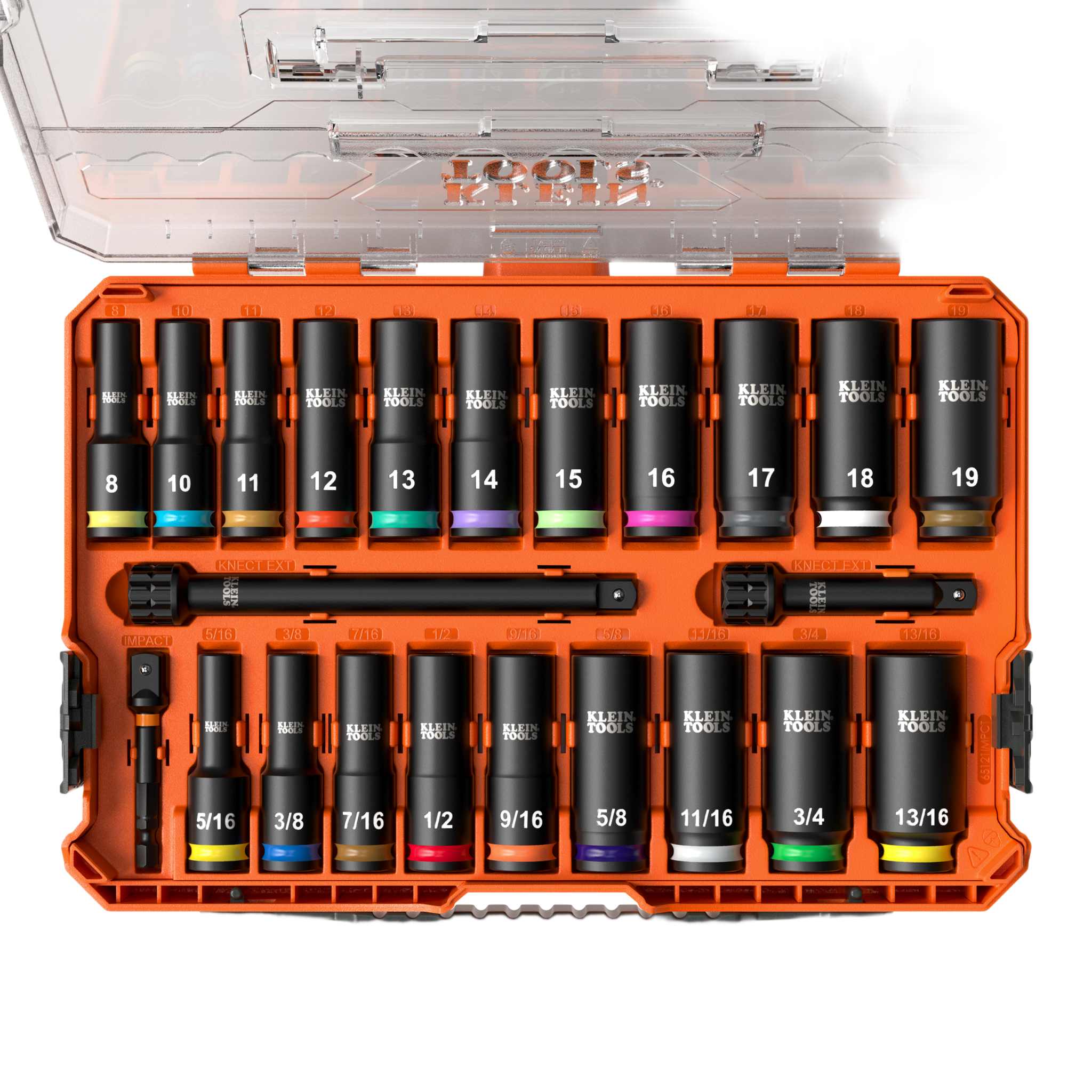 Klein Tools 65121-impct Juego de Dados de Impacto KNECT? (M) / 3/8 Drive Profundo / SAE y Métrico / 23 Piezas / Adapters Multi-Propósito / MODbox? Case