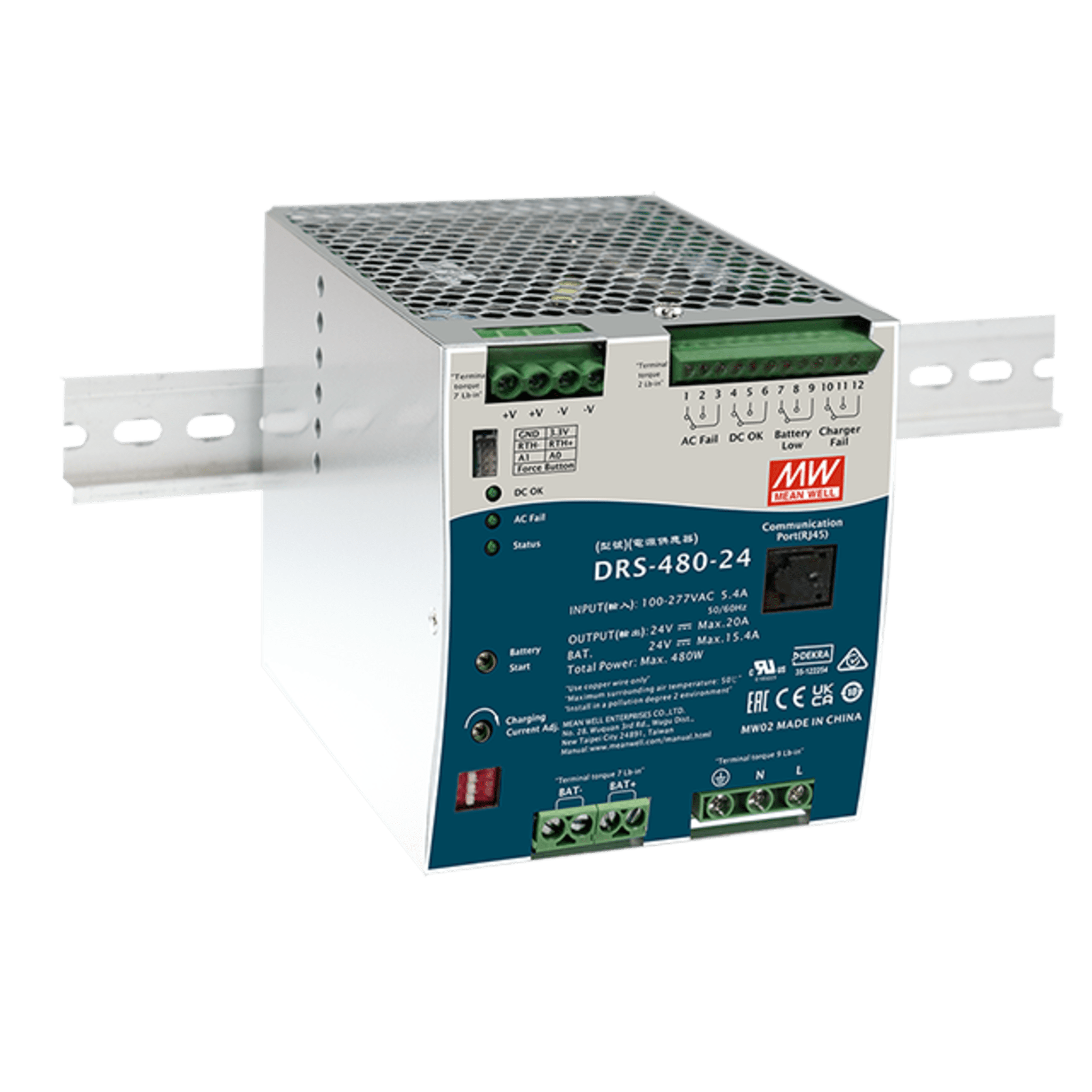 Meanwell drs48024 Fuente de Poder Industrial de 480W con Cargador de Baterías, salida 24Vcc, 20A, para montaje Riel Din