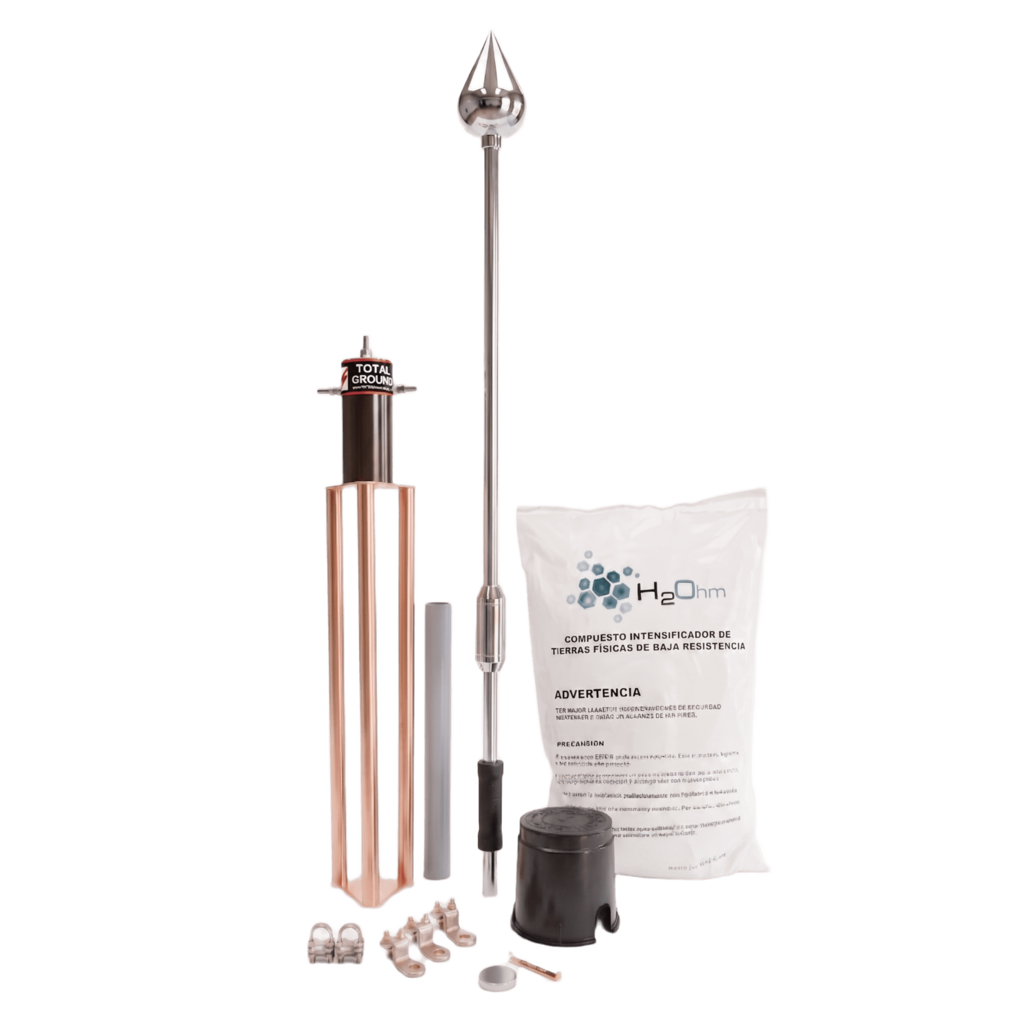 Total Ground kit-master-pe15-inox Kit Pararrayo con Punta de Acero Inoxidable con Avance de Cebado de 60 m. y Accesorios de Instalación en Torre.