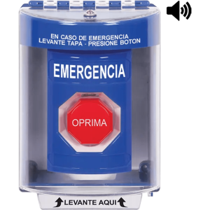Sti ss2482em-es ?Botón Multipropósito, Color Azul, De Superficie con Espaciador, C/Tapa De Policarbonato, C/Bocina Pre Alarma, Interior/Exterior, Llave Para Restablecer, Texto De Emergencia, Español