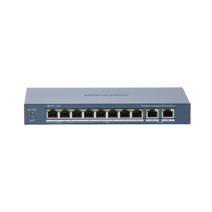 Hikvision ds-3e0310hp-e(c) Switch PoE+ / No Administrable / 7 Puertos 10/100 Mbps 802.3 af/at (30 W) / 1 Puerto 10/100 Mbps Hi-PoE (90 W)  / 2 Puertos 1000 Mbps Uplink / Modo Extendido hasta 300 Metros / 110 Watts