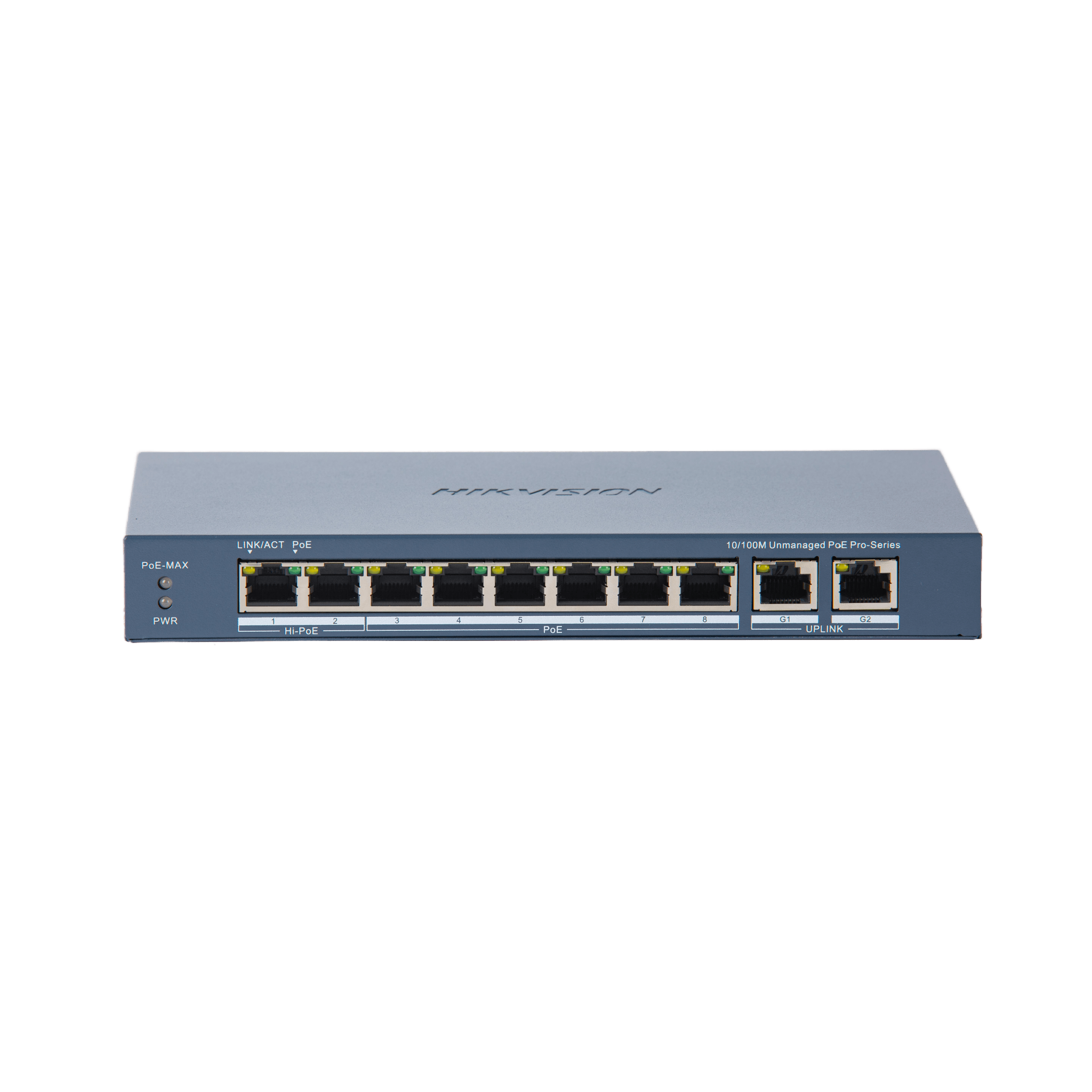 Hikvision ds-3e0310hp-e(c) Switch PoE+ / No Administrable / 7 Puertos 10/100 Mbps 802.3 af/at (30 W) / 1 Puerto 10/100 Mbps Hi-PoE (90 W) / 2 Puertos 1000 Mbps Uplink / Modo Extendido hasta 300 Metros / 110 Watts