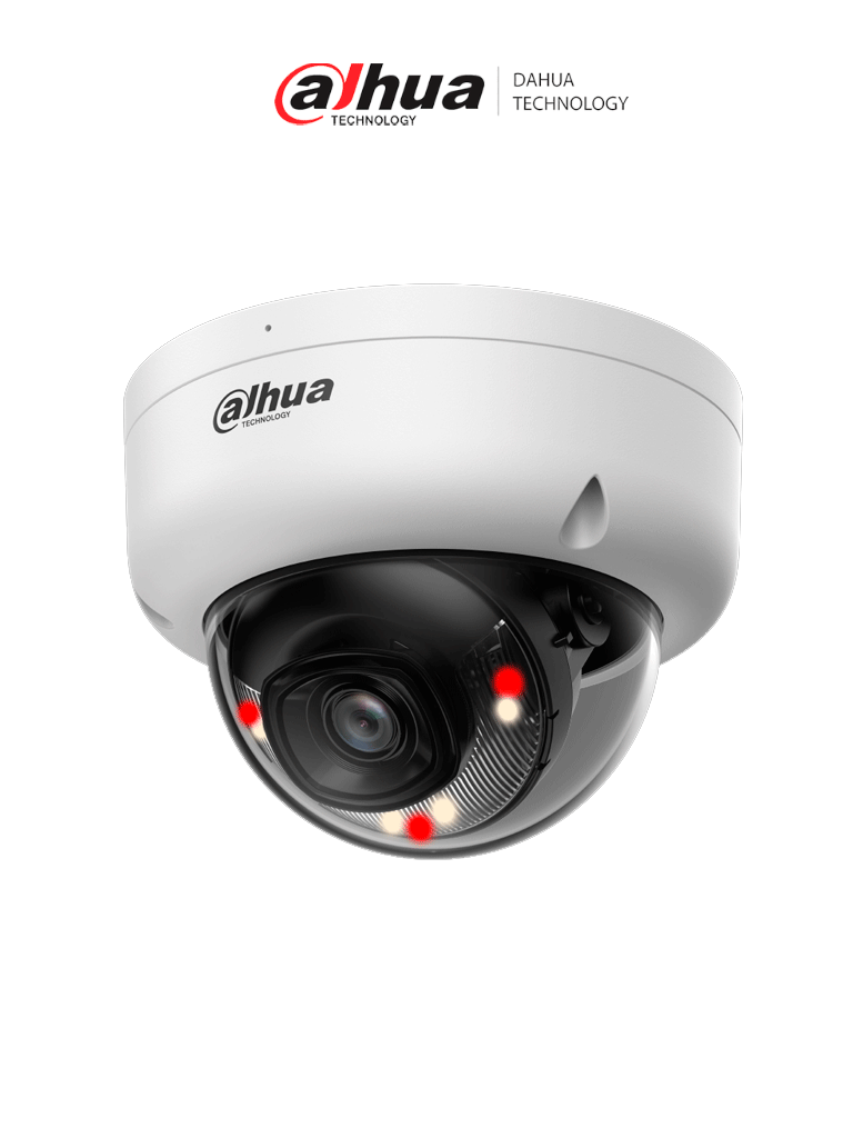 DAHUA DH-IPC-HDBW1439E1-A-IL - Cámara IP Domo de 4 Megapixeles/ Iluminador Dual/ Lente de 2.8mm/ IR de 30 Mts/ Detección humana/ IR + luz cálida 30 m/ H.265/ WDR Real/PoE/ 3D DNR/ HLC/ IP67/ IK08 #LoNuevo