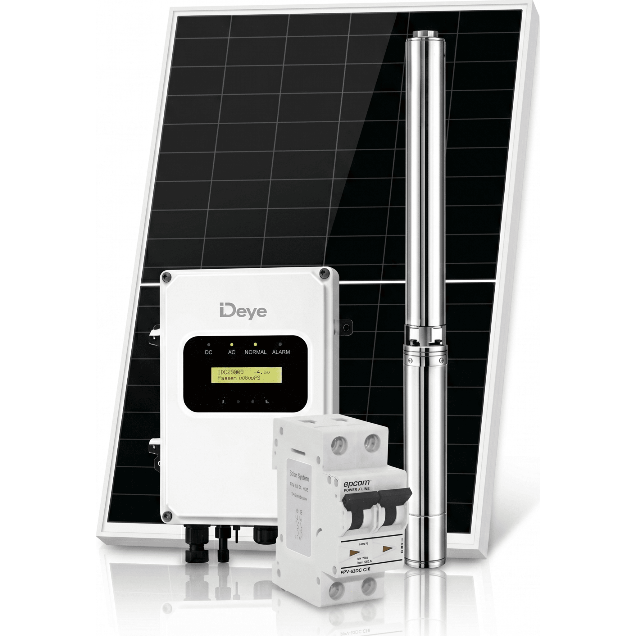 Deye sp800dckit Kit de Bombeo Solar 800W (1 HP) / Bomba Sumergible con Controlador Integrado 60-220V CD / 2 Módulos Solares 540W / Interruptor Termomagnético 2P 20A 800V CC / Protector de Descargas Atmosféricas / Gabinete IP66