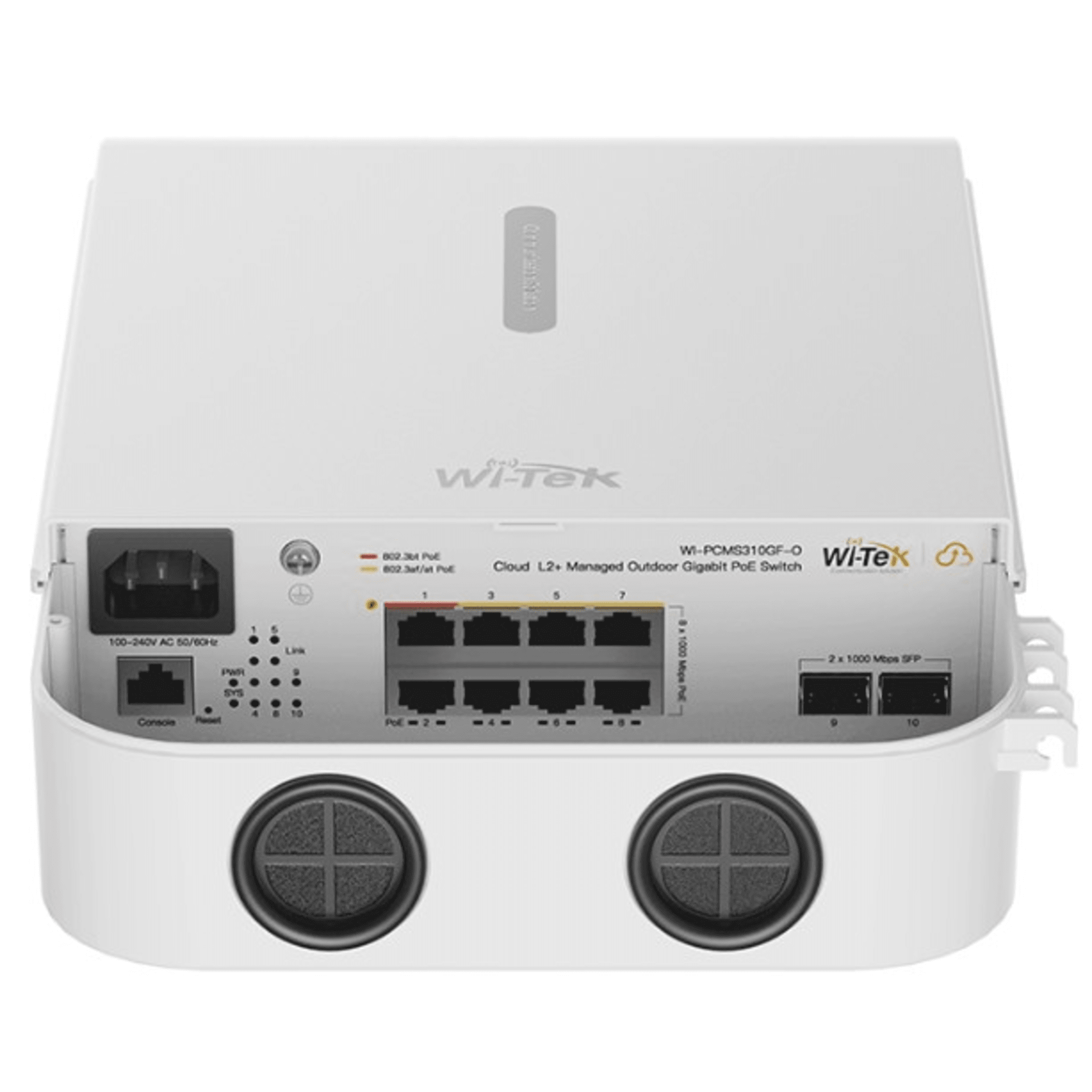 Wi-Tek wipcms310gfov2 Switch PoE Gigabit 8 Puertos / 2 SFP Uplink / PoE++ 802.3bt 90W Port 1-2 / PoE+ 802.3at 30W Port 3-8 / 110W Budget Total / 20Gbps Switching / Fanless / Wall-Pole Mount / Industrial -30°C a 60°C