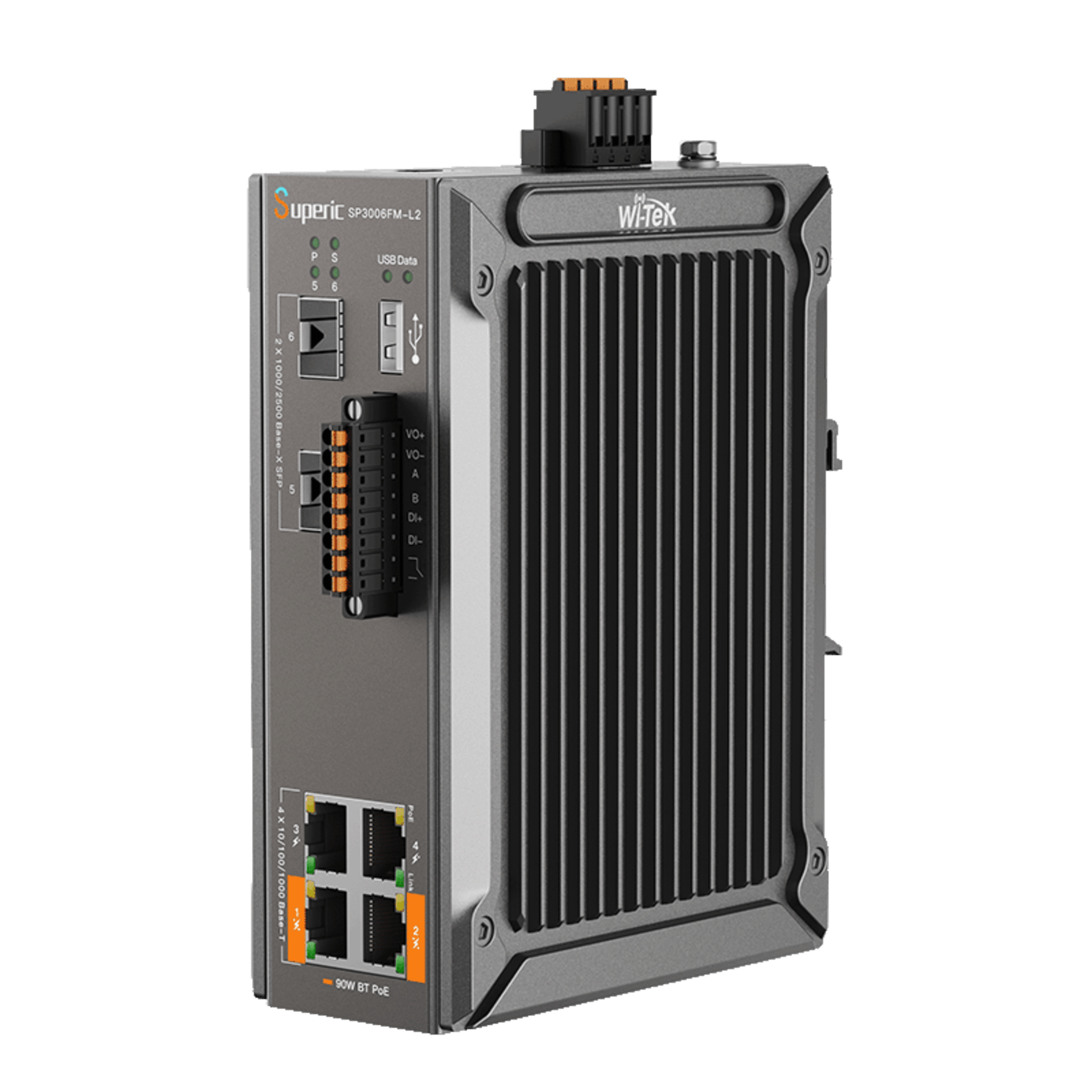 Wi-Tek sp3006fm-l2 Switch Industrial Administrable / Gigabit con 2 Puertos PoE bt / 2 Puertos PoE af/at / 2 SFP Gigabit / Soporta RS485 / Presuepuesto PoE 128W