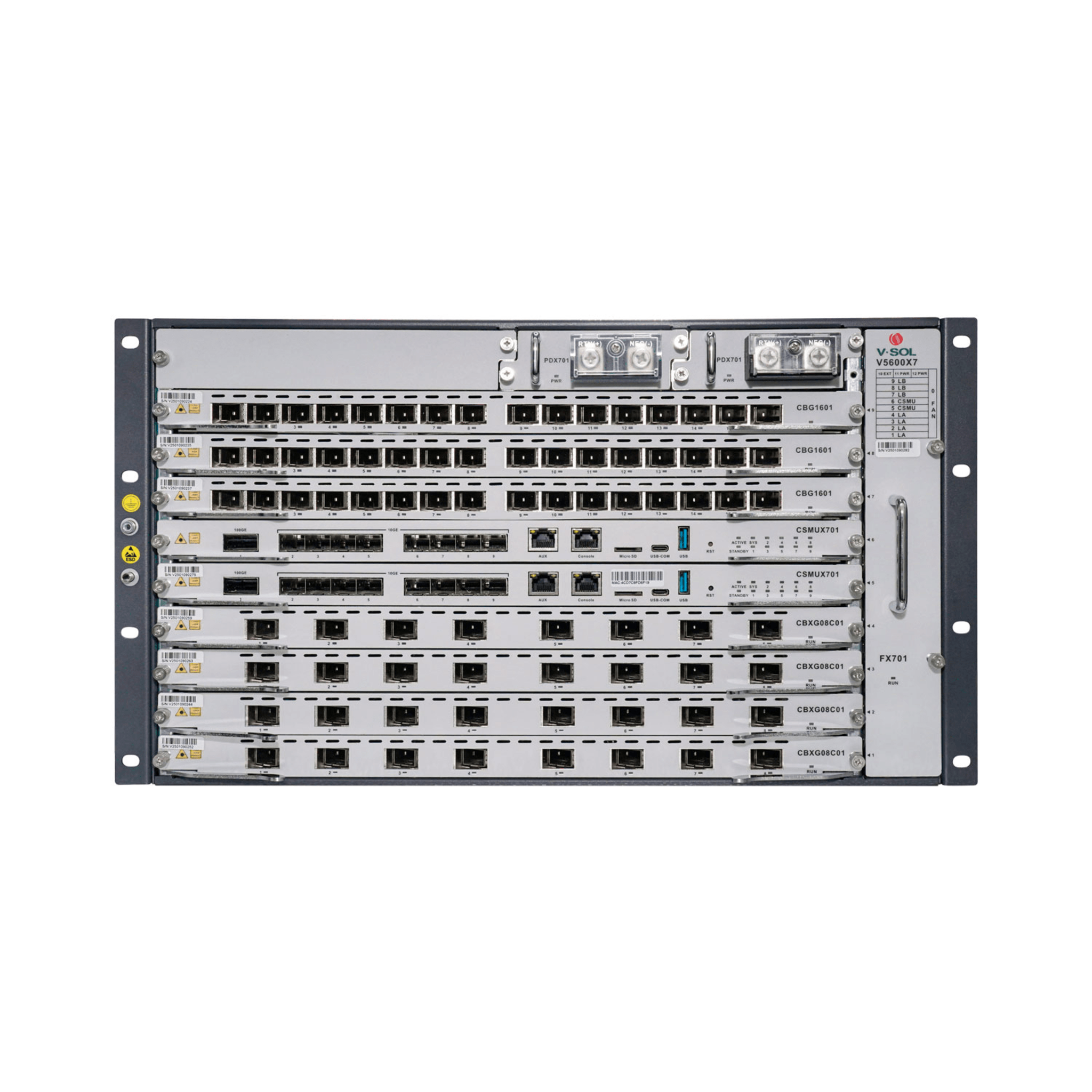 V-Sol v5600-x7 OLT Modular tipo Chasis GPON/XGS-PON Combo, 7 Ranuras de Servicio, Incluye 1 Tarjeta de Servicio de 16 puertos GPON