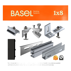 Basel kitbasel1x8 Sistema de Montaje Solar BASEL / Flat Roof Single Row / 8 Módulos / 140 km/h Viento / Riel N-S 2.14 m / Inclinación 15°