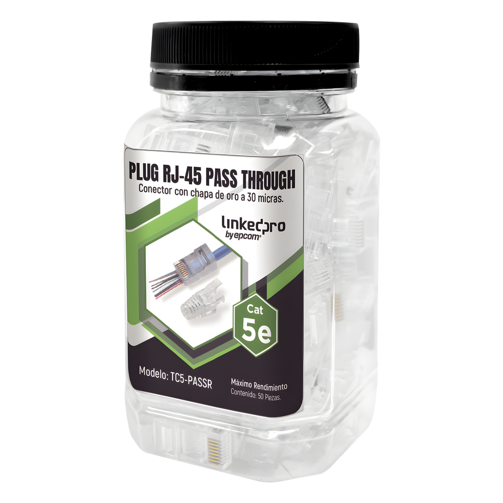Linkedpro By Epcom tc5passr Bote con 50 Plugs Pass through RJ45 Cat5e sin blindaje, con alivio de tensión incluido, chapado de oro a 30 micras para durabilidad extrema