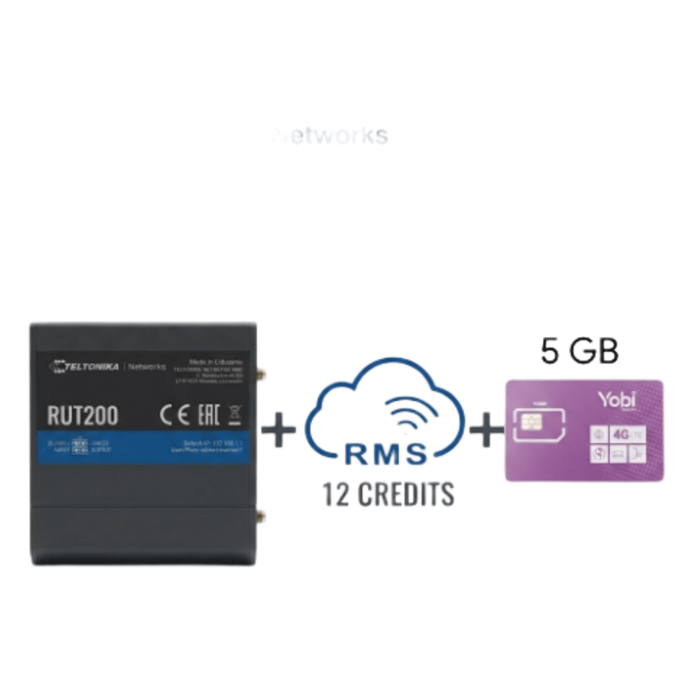 Teltonika rut200+1yrms+5gbyobi Router Teltonika LTE/4G RUT200 + 12 creditos RMS + SIM de YOBI de 5GB por Mes durante un año de servicio (solo datos)