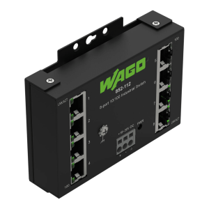 Wago 852-112 Switch Industrial ECO / 8 Puertos 10/100Base-TX / Montaje Carril DIN / IP30 / -40°C a +70°C / Protección Sobretensiones / Tabla MAC 2000 Direcciones
