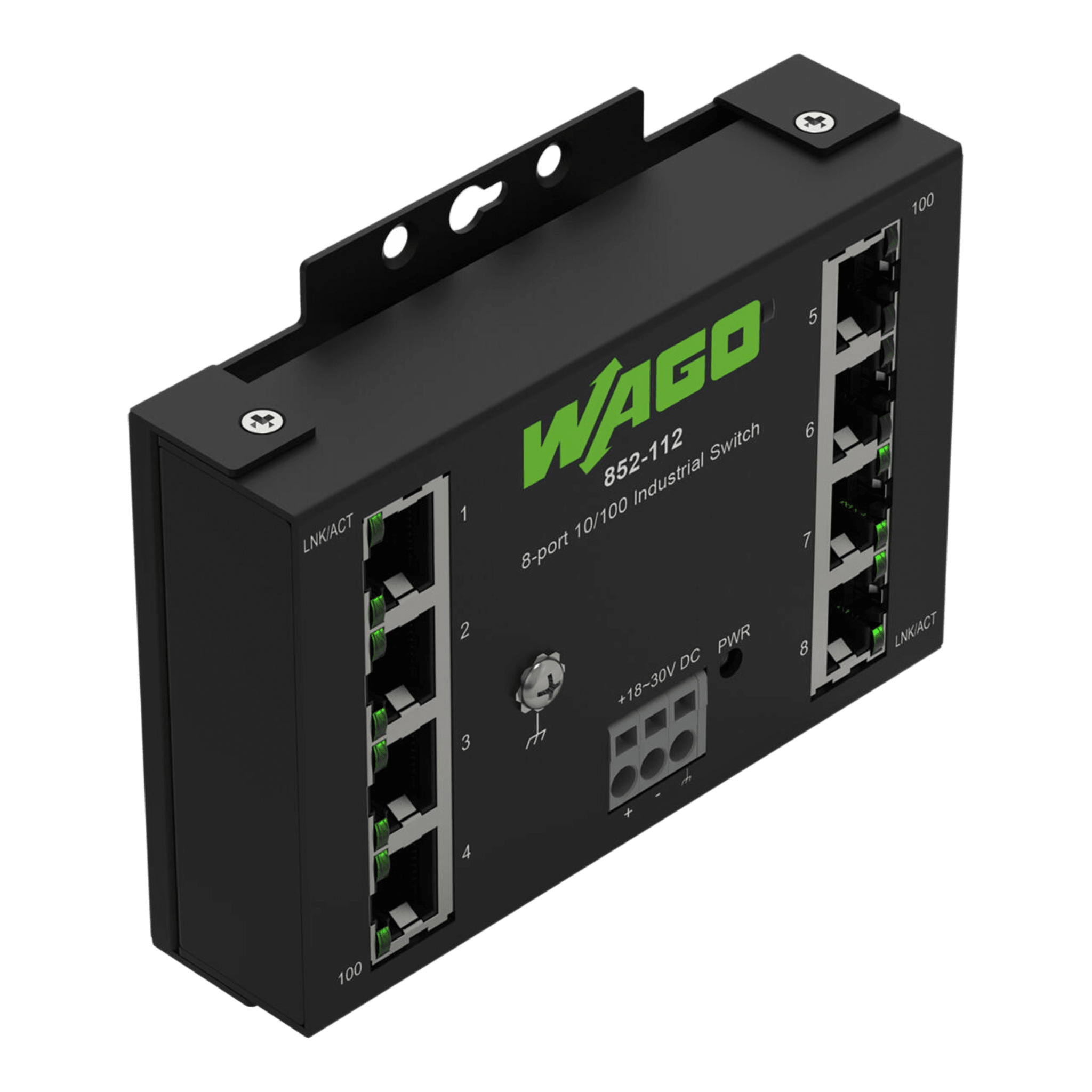 Wago 852-112 Switch Industrial ECO / 8 Puertos 10/100Base-TX / Montaje Carril DIN / IP30 / -40°C a +70°C / Protección Sobretensiones / Tabla MAC 2000 Direcciones