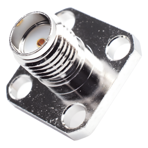 Rf Industries,Ltd rsa-3271 Conector SMA Hembra, Montaje de Panel Cuadrado, 4 Perforaciones, Soldable, Niquel/ Oro/ Teflón.
