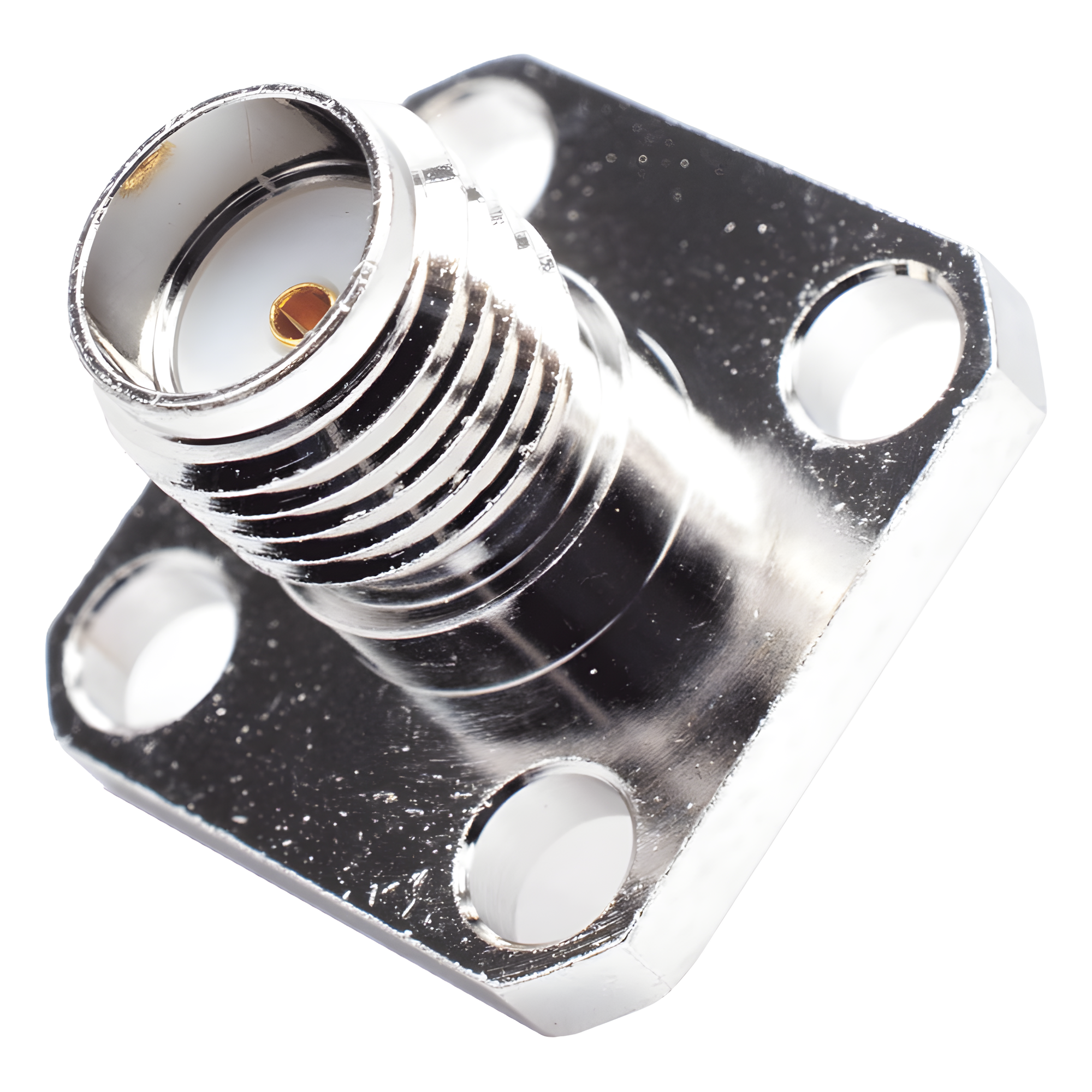 Rf Industries,Ltd rsa-3271 Conector SMA Hembra, Montaje de Panel Cuadrado, 4 Perforaciones, Soldable, Niquel/ Oro/ Teflón.