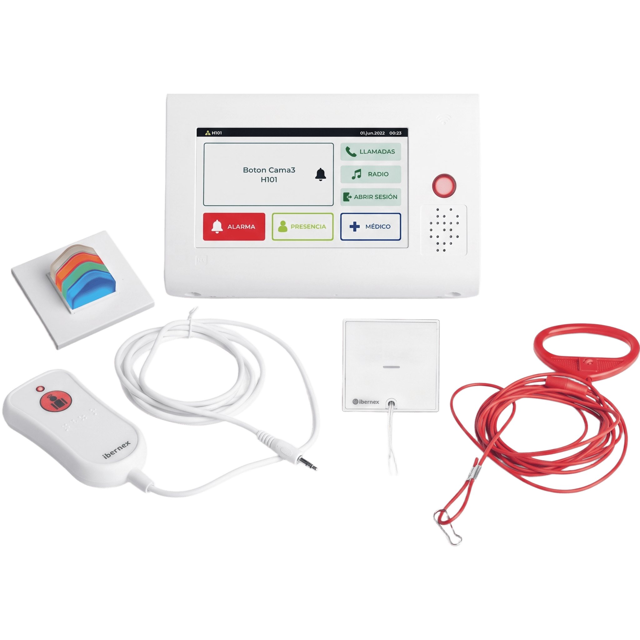 Ibernex kit-nx1021-room Kit de Habitación Hospitalaria PRO / Terminal IP 7 Táctil + Pulsador Cama IP67 + Luz Cuatricolor + Tirador Baño / Comunicación Paciente-Enfermero VoIP SIP / PoE / Antibacteriano