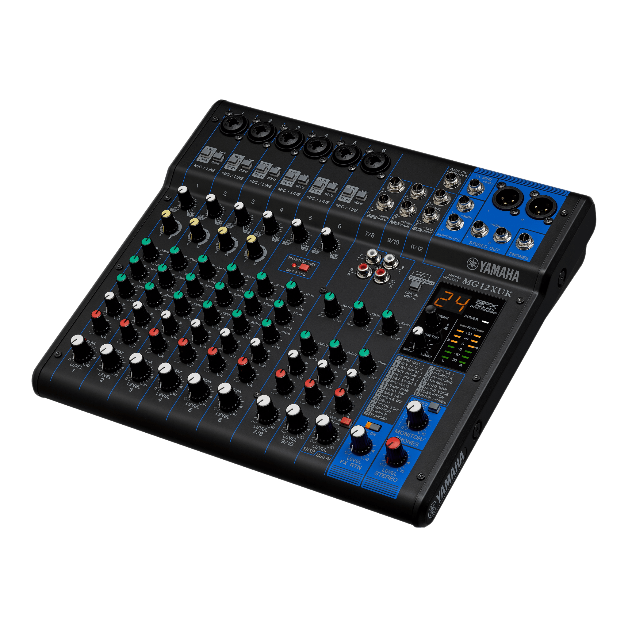 Yamaha mg12xuk Mezcladora de Audio | 12 Canales | 6 Entradas de Micrófono/línea | 2 Entradas Estéreo | Efectos Integrados | Alimentación Phantom | USB | Con Perillas de Nivel