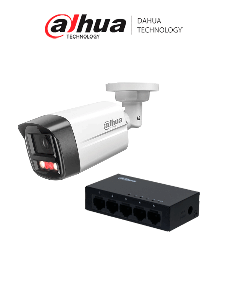 DAHUA PFS3005-5GT - 1 Switch Gigabit de 5 Puertos No Administrable/ Capa 2/ 10/100/1000 Base-T/ Carcasa Metalica/ Switching 10G/ + 1 DH-IPC-HFW1439TL1-A-IL -Cámara IP Bullet de 4 Megapíxeles/Iluminador Dual/ Lente de 2.8mm #KitRedes