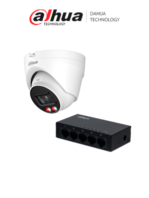 DAHUA PFS3005-5GT - Switch Gigabit de 5 Puertos No Administrable/ Capa 2/ 10/100/1000 Base-T/ Switching 10G/ + DH-IPC-HDW1439V-A-IL Cámara IP Eyeball 4 MP/ Iluminador dual inteligente/ Detección Humana/IR 30m/LED 30m/2.8 mm/Micrófono/PoE/IP67/ #KitRedes
