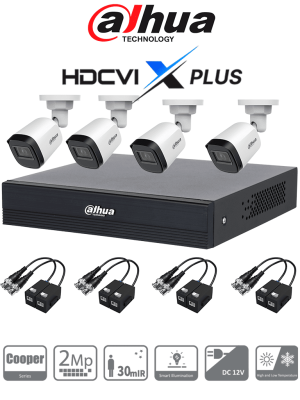 DAHUA KIT/XVR1B04-I/T/4-B1A21-U - Kit 4 Canales con Transceptores/ 4 Cámaras B1A21N-U de 2 MP Lente 2.8mm, 93 Grados, 1 XVR1B04-I/T Soporta Audio Bidireccional, Soporta 4 Canales más 1 IP o 5 Canales IP, SMD Plus, 4 Pares de Transceptores/ #NPAHDCVI