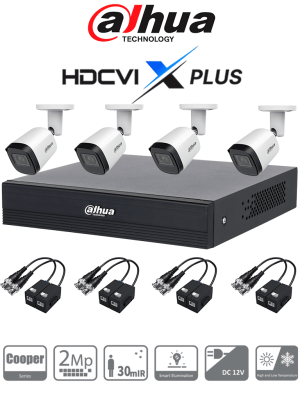 DAHUA DH-KIT/XVR1B04-I/T/4-B2A21N-U-0280B/Balun - Kit 4 Canales Cámaras B2A21N-U de 2 MP, DVR XVR1B04-I/T Soporta Audio Bidireccional, Lente 2.8mm, Visión de 93°. Soporta 4 Canales más 1 IP o 5 Canales IP, SMD Plus, Incl. Transceptores/ #NPAHDCVI