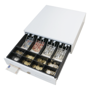 Maken mk330 Cajón para Efectivo / Serie MK / Compacto 330 mm / 4 Billetes + 8 Monedas / Apertura RJ11 / Clips Metálicos / Punto de Venta