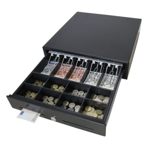 Maken mk410 Cajón para Efectivo / Serie MK / Apertura Manual Push Open / Sin Electricidad / Insertos Ajustables Billetes y Monedas / Cubierta de Acero / 410 mm