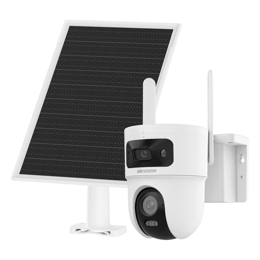 Hikvision ds-2cfsp8-d/4g/la Kit Solar IP All in One Doble Lente / AOV / PT IP 4 Megapixel Lente 4 mm / Fijo 4 Megapixel Lente 2.8 mm / Panel Solar + Batería de Respaldo de Litio (9000 mAh) / Conexión 4G / Audio de Dos Vías / Dual Light / IP66 / Micro SD