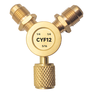Epcom cyf-12 Conector Y CYF12 para Sistemas de Refrigeración / 2 Entradas 1/4 Macho Flare / 1 Salida 5/16 Hembra Flare / Recuperación Rápida y Evacuación / Material Metálico Resistente