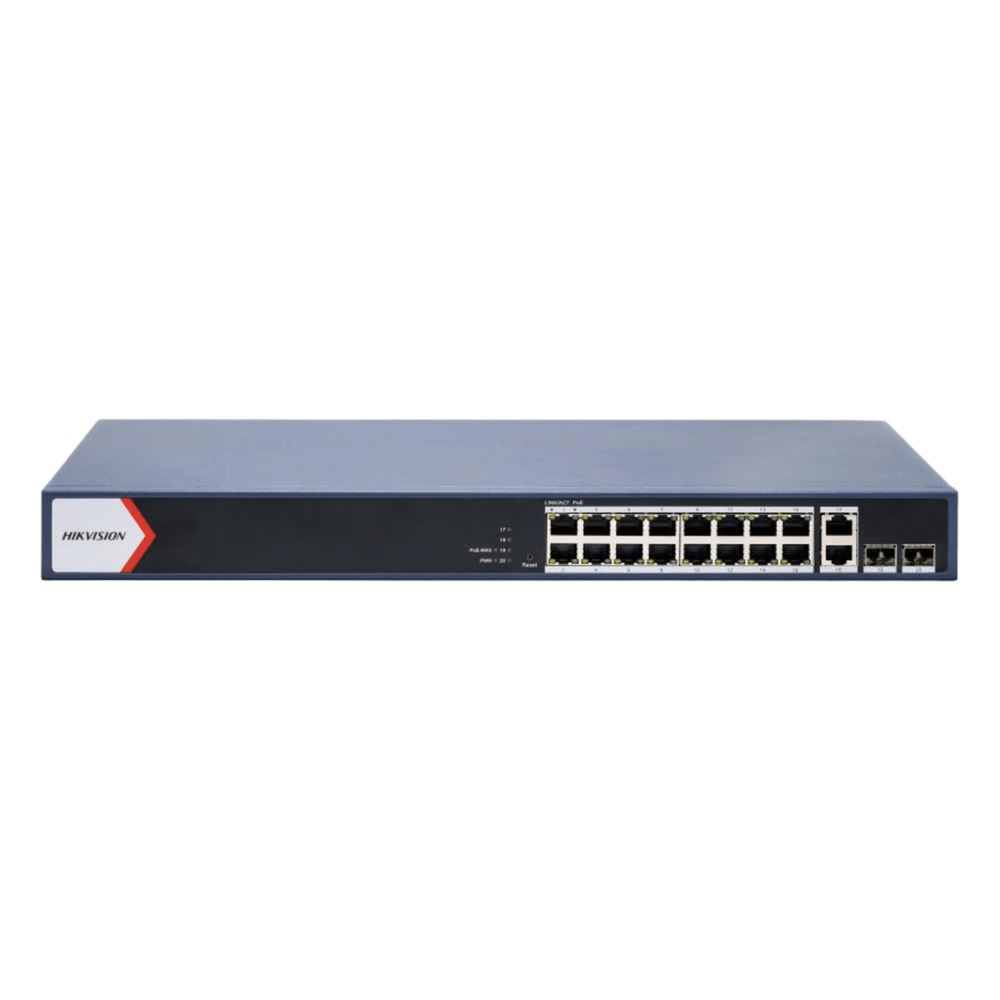 Hikvision ds-3e1520p-ei Switch PoE+ / Administrable / 16 puertos 1000 Mbps PoE+ / 2 Puertos 1000 Mbps Uplink / 2 Puertos SFP de Uplink / Configuración Nube Hik-Partner Pro / Modo Extendido hasta 300 metros / 230 W