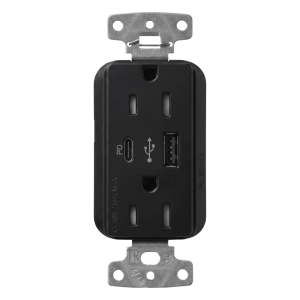 Receptáculo con USB Tipo A y C de 15 A 125 V, Power Delivery hasta 55 W, línea Claro acabado satinado Midnight