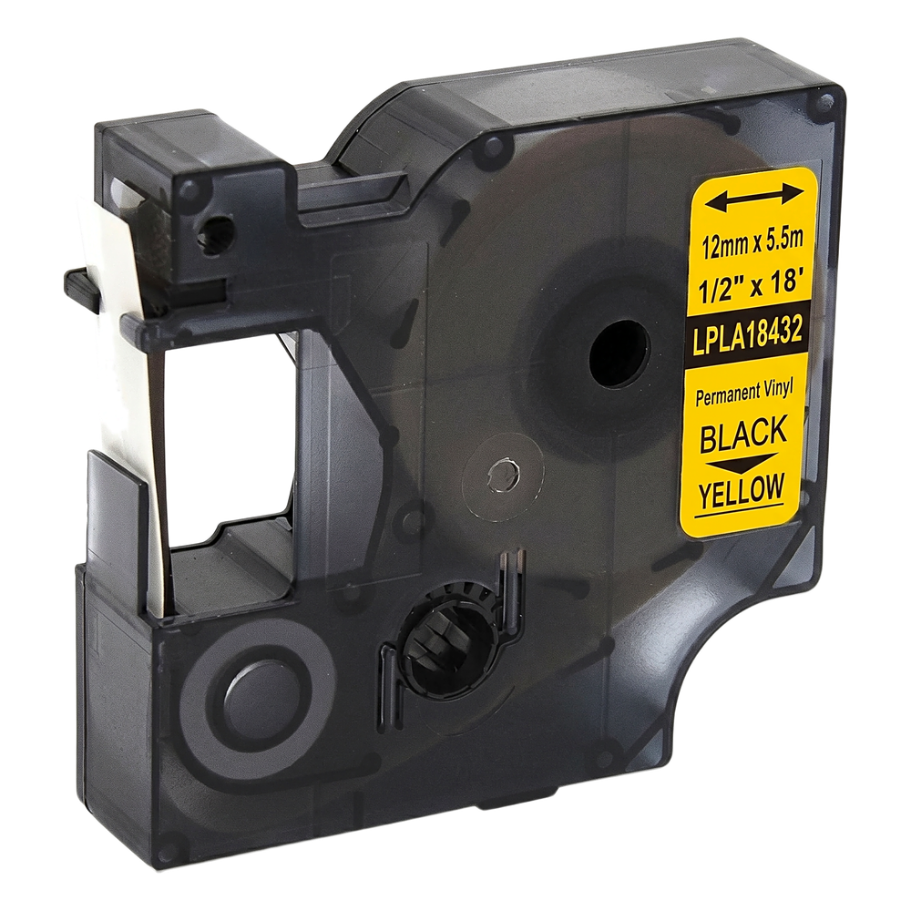 Linkedpro By Epcom lpla18432 Cartucho de etiquetas laminadas, Negro sobre amarillo, Ancho (1/2) 12mm x 5.5mts. Solo apto para impresoras Dymo Rhino.