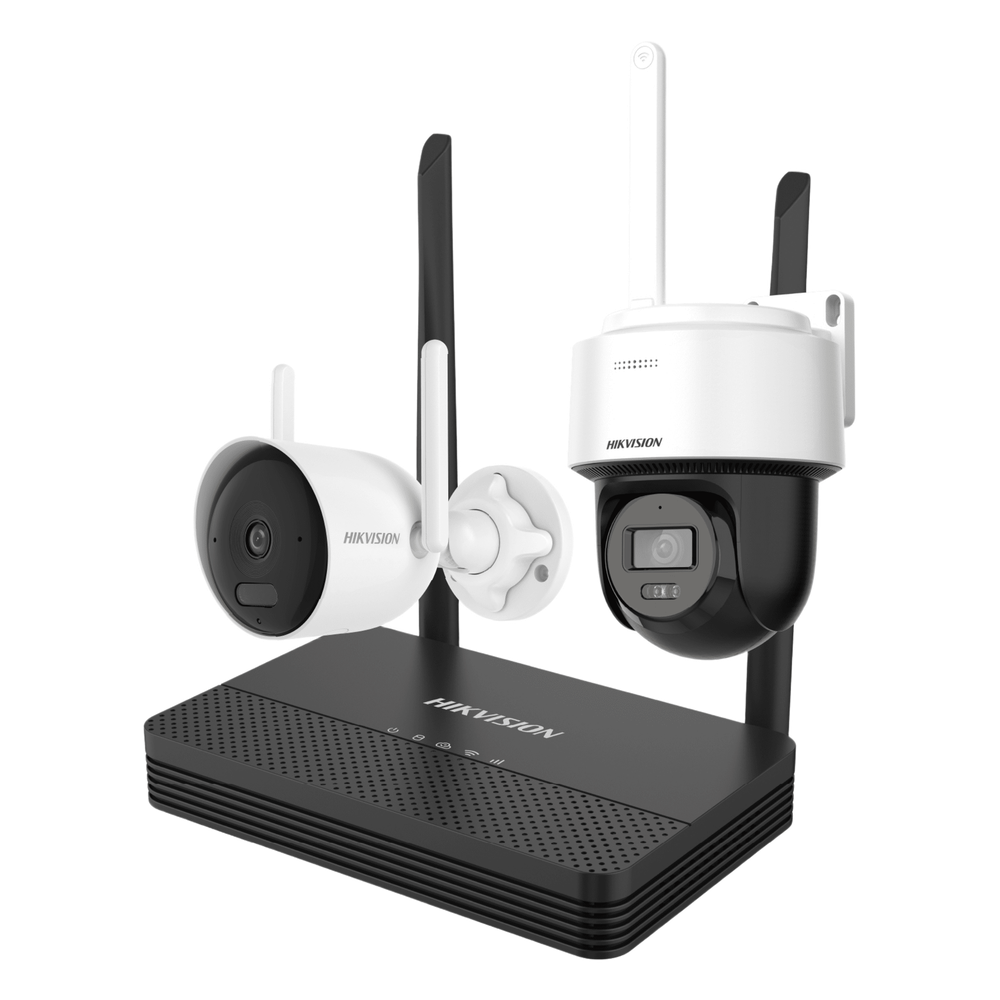 Hikvision nks424wbph Kit IP Inalámbrico 4 Megapixel / NVS 4 Canales / 1 Cámara Bala Exterior + 1 Cámara Turret Interior con Lente 2.8 mm y Dual Light / Audio Bidireccional (Micrófono y Bocina) / Soporta Micro SD de 512 GB