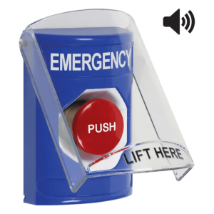 Sti ss24a4em-en Botón Multipropósito, Color Azul, De Superficie, Con Tapa De Policarbonato, Con Bocina Pre Alarma, Para Interior, Momentaneo, Texto De Emergency, Ingles