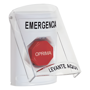 ?Botón Multipropósito, Color Blanco, De Superficie, Con Tapa De Policarbonato, Con Bocina Pre Alarma, Solo Interior, Llave Para Restablecer, Texto De Emergencia, Español
