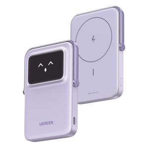 Ugreen 35606 Power Bank Inalambrico | 5000mAh | 7.5W  |  Con Emojis de Estado | Carga Rápida USB-C Bidireccional  | Pantalla TFT  Inteligente | 13 niveles de Proteccion | Con Holder | Color Purple.