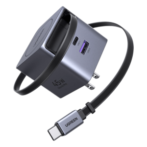 Ugreen 65821 Cargador Rápido UGREEN 45W GaN / Cable Retráctil 0.7m / 3 Puertos USB-C + USB-A / Tecnología GaNInfinity 95% Eficiencia / 8 Capas Protección / Carga Simultánea 3 Dispositivos / Compacto para Viajes