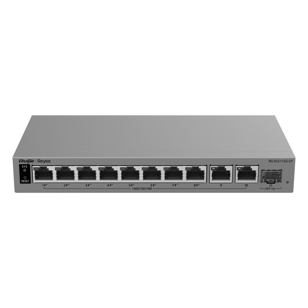 Ruijie rg-es211gs-lp Switch Layer 2 Smart Cloud-Managed / 11 Puertos Gigabit / 8 Puertos PoE+ IEEE 802.3af/at 70 W / 1 Puerto SFP Uplink / Protección 6 kV / Gabinete Metálico Fanless / Gestión Cloud de por Vida / Modo CCTV de Un Clic