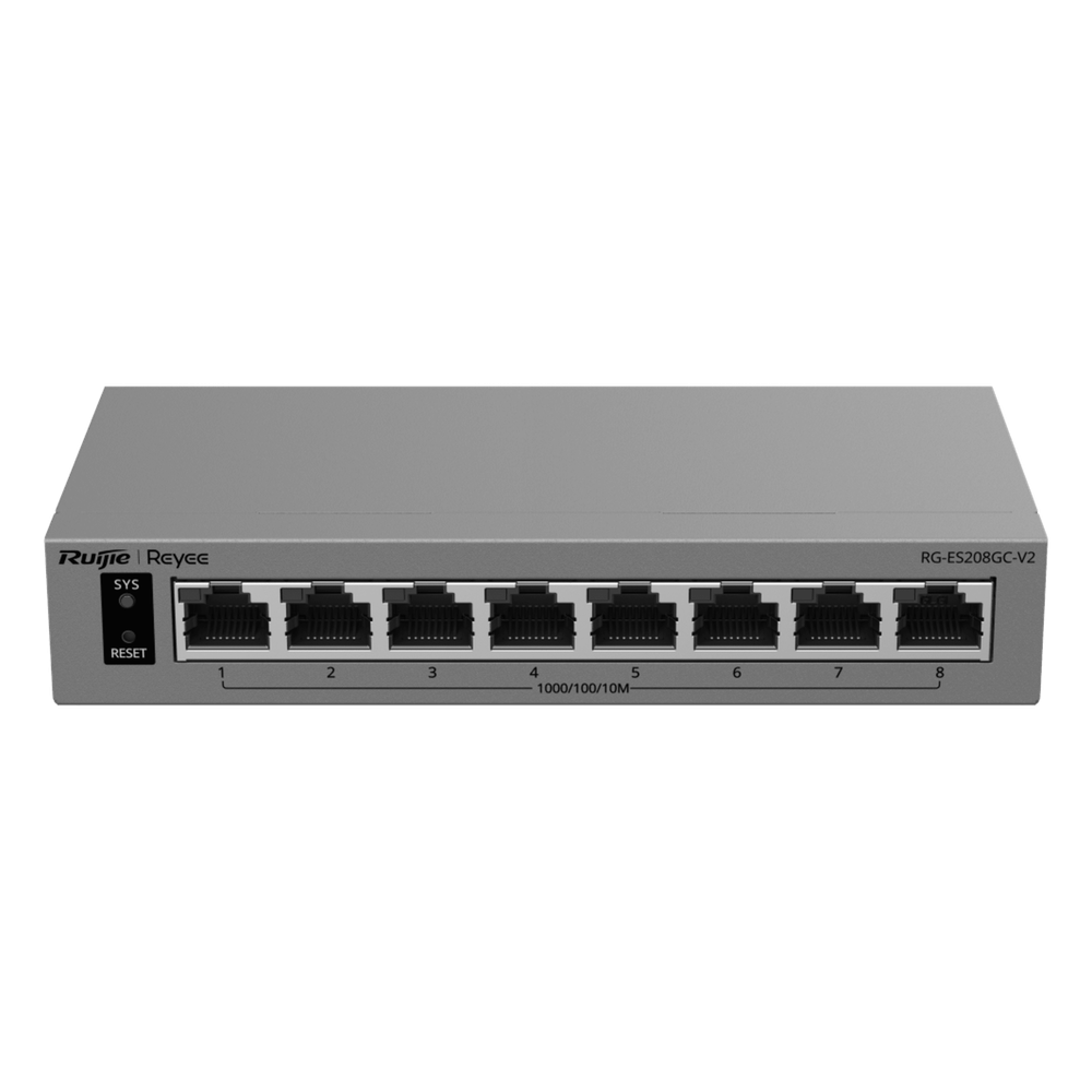 Ruijie rg-es208gc-v2 Switch Gigabit Smart Cloud-Managed / 8 Puertos 10/100/1000BASE-T / Capa 2 / Switching 16 Gbps / AI-Powered Failover / Modo CCTV Un-Click / Gestión Cloud Ruijie & App Reyee / Diseño Fanless / Gabinete Metal / Protección Surge 6 kV