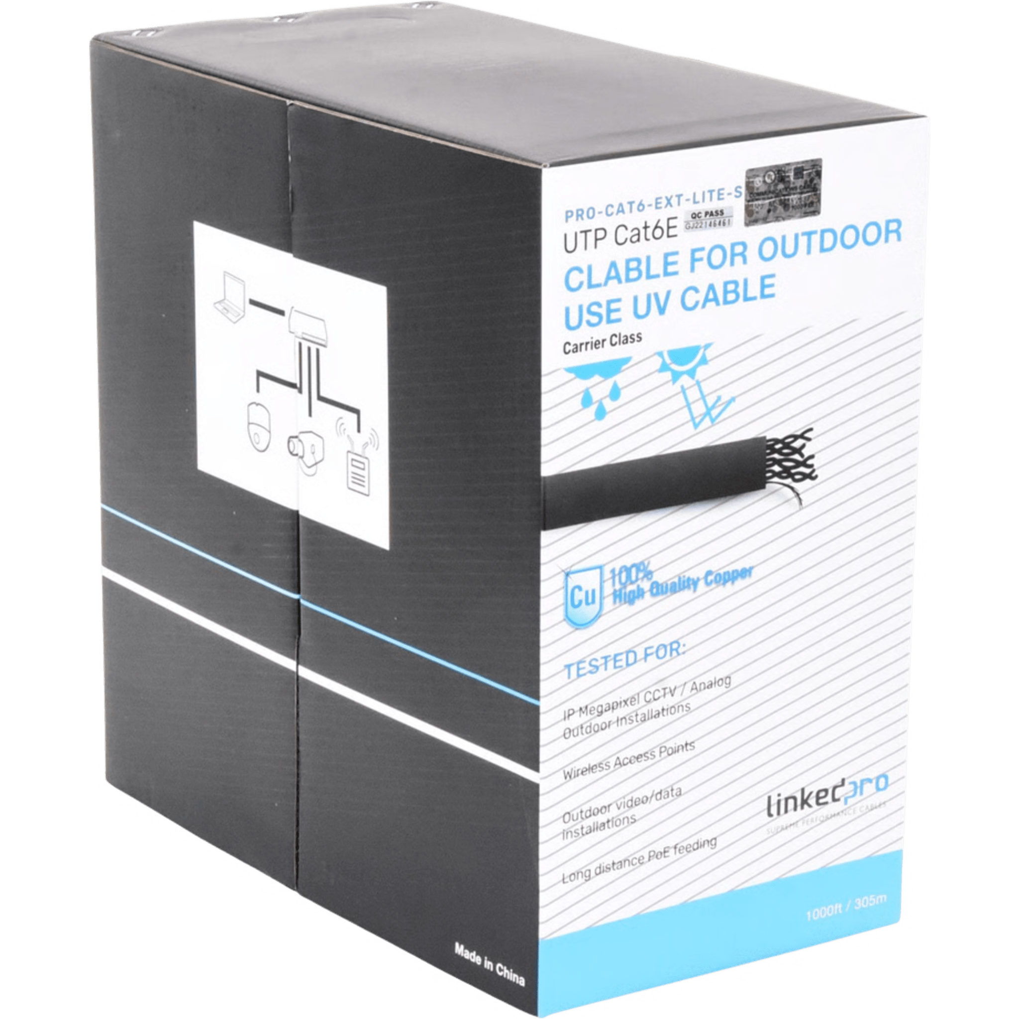 Linkedpro By Epcom pro-cat-6-ext-lites-v2 Bobina de Cable 305 Metros (1000 Pies) Cat6, 24 AWG, Climas Extremos, Color Negro, Sin Blindar, para Intemperie