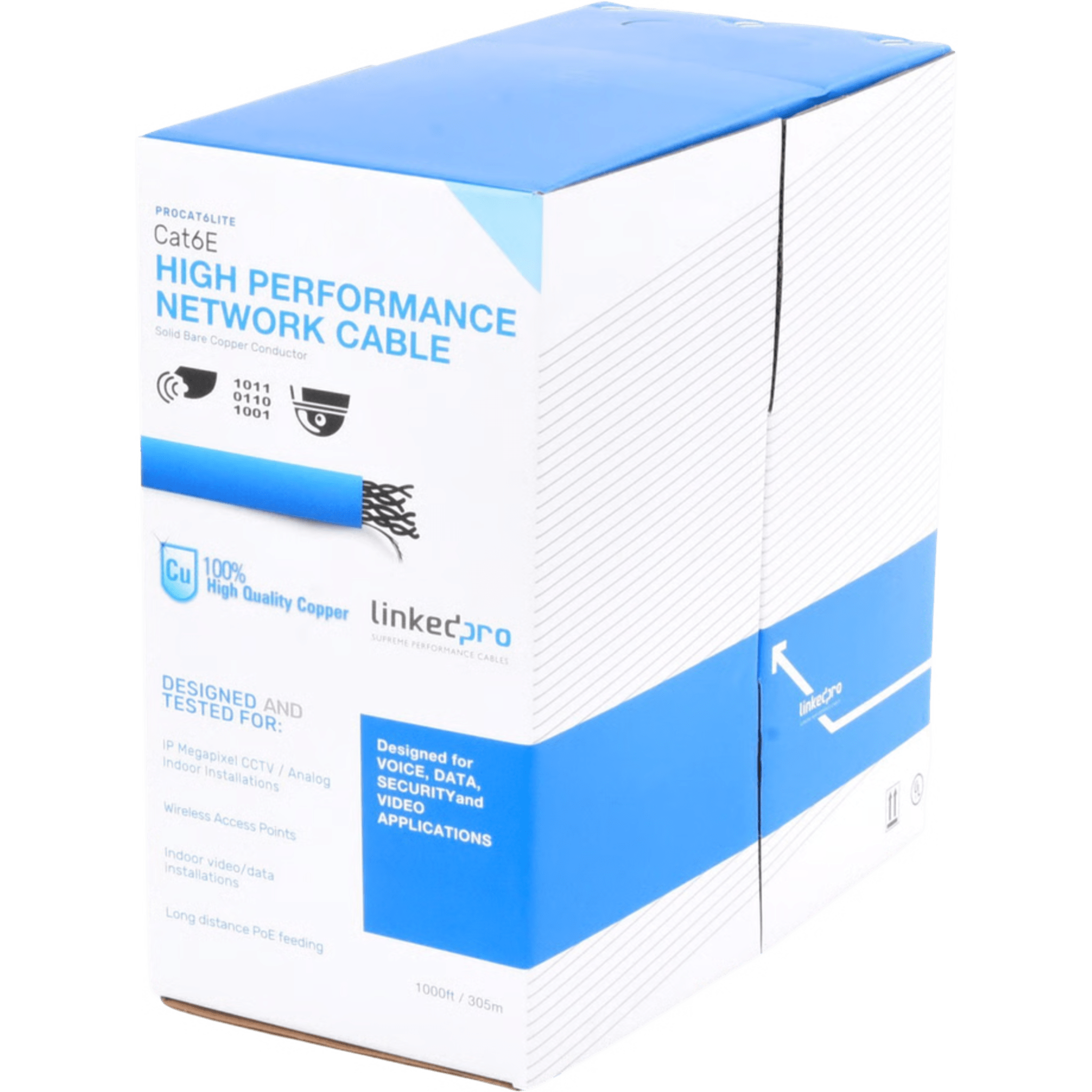Linkedpro By Epcom pro-cat-6-lite-v2 Bobina de Cable de 305 Metros (1000 Pies) Cat6, CM, 24 AWG, Alto Rendimiento, ETL, UL, Color Azul, Super Flexible, para Aplicaciones de Videovigilancia, Video HD, y Redes de Datos. Uso Interior
