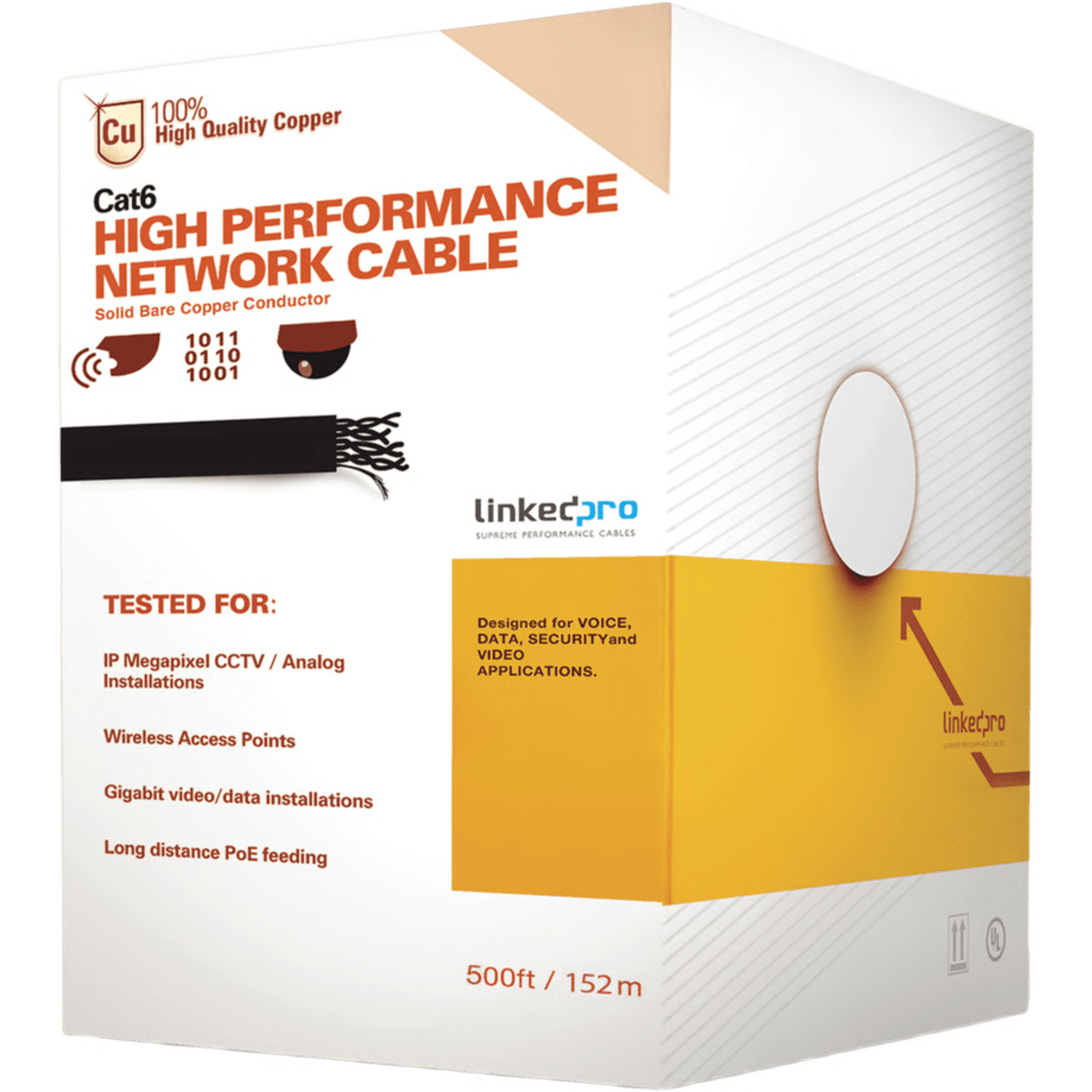Linkedpro By Epcom pro-cat-6-plus/500-v2 Bobina de Cable de 152.5 Metros (500 Pies) Cat6+ Calibre 23 Alto Desempeño, Super Flexible, UL, Color Azul, para Aplicaciones de Video Vigilancia, HD, y Redes de Datos. Uso Interior.