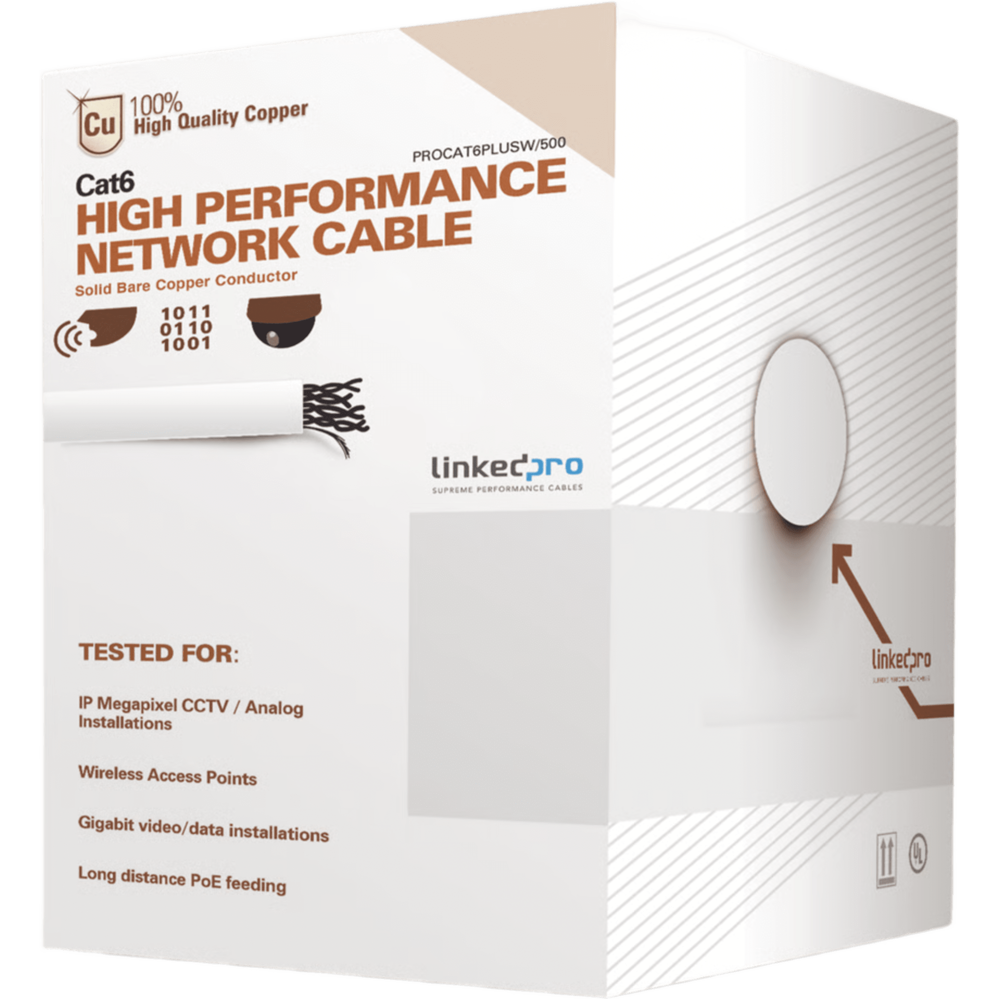 Linkedpro By Epcom pro-cat-6-plus-w/500-v2 Bobina de Cable de 152 Metros (500 Pies) Cat6+ Calibre 23 Alto Desempeño, Super Flexible, UL, Color Blanco, para Aplicaciones de Video Vigilancia y Redes de Datos