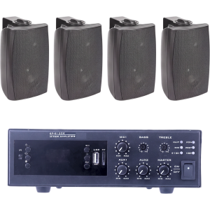Epcom Proaudio epb120e/4ws KIT de Amplificador de 120W para Escritorio | 4 Altavoces de Pared color Negro 2.5W - 20W | Sistema 70/100V