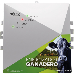 Yonusa sysgan25kv2 Energizador Ganadero / 10,000 Volts / 0.2 a 5.0 Joules Ajustable / 25 km Lineales / Alimentacion 90-260 Vca y 12 Vcd / Panel Solar / NEMA 2