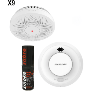 Kit de Detección de Humo HikFire / 9 Detectores Interlink HF-S3E-R + 1 Hub Wi-Fi HF-SG3-WF/R / Interconectable 30 Dispositivos / Hik-Connect / Probador SABRE Incluido / Batería 10 Años / Alarma 85 dB