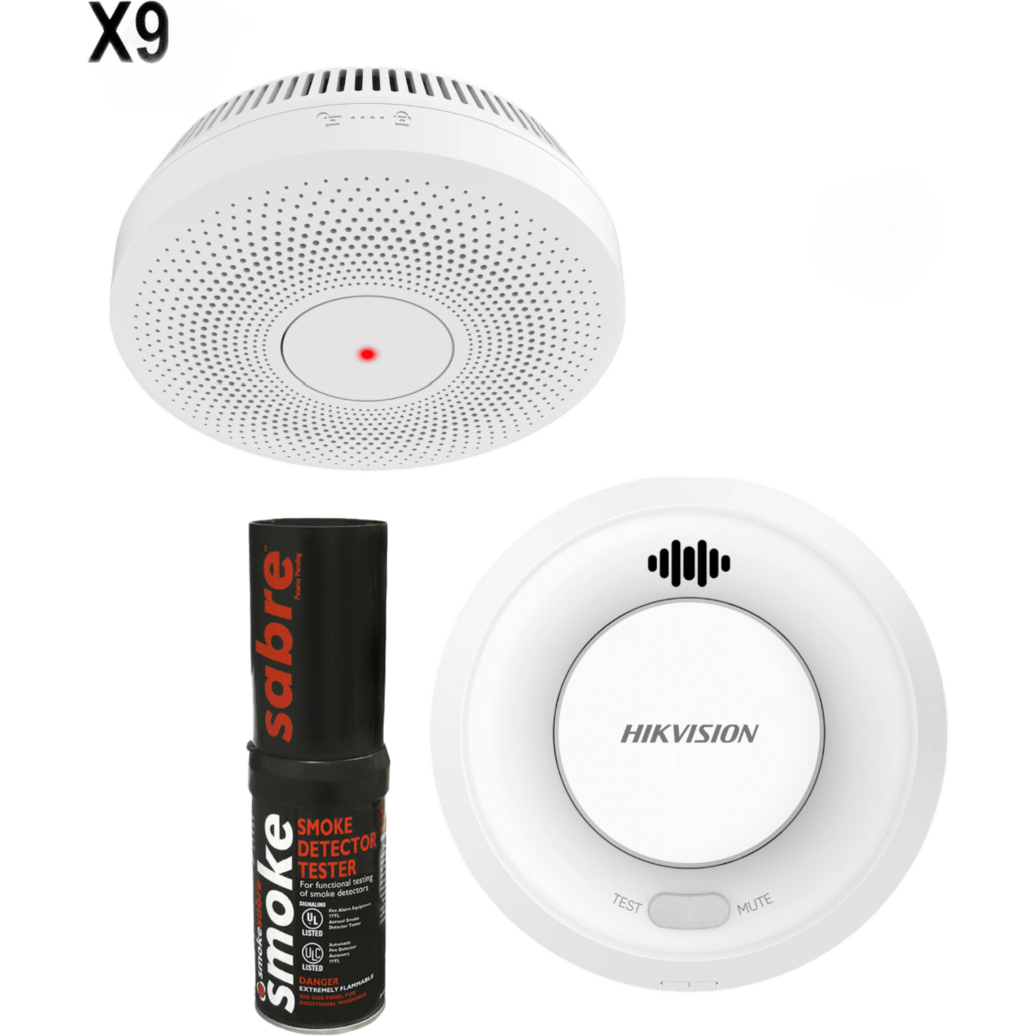 Kit de Detección de Humo HikFire / 9 Detectores Interlink HF-S3E-R + 1 Hub Wi-Fi HF-SG3-WF/R / Interconectable 30 Dispositivos / Hik-Connect / Probador SABRE Incluido / Batería 10 Años / Alarma 85 dB