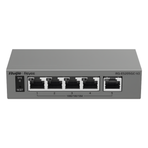 Ruijie rg-es205gc-v2 Switch Capa 2 Gestionado en la Nube / 5 Puertos Gigabit / Switching 10 Gbps / Forwarding 7.44 Mpps / Diseño sin Ventilador / Protección 6 kV / Modo CCTV de un Clic / 32 VLANs / Gabinete Metálico / Ruijie Cloud