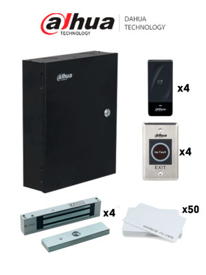 DAHUA DAHKITACC - Kit de Control de Acceso Para 4 Puertas con Lectoras, Tarjetas ID, Cerraduras Magnéticas y Botones sin Contacto