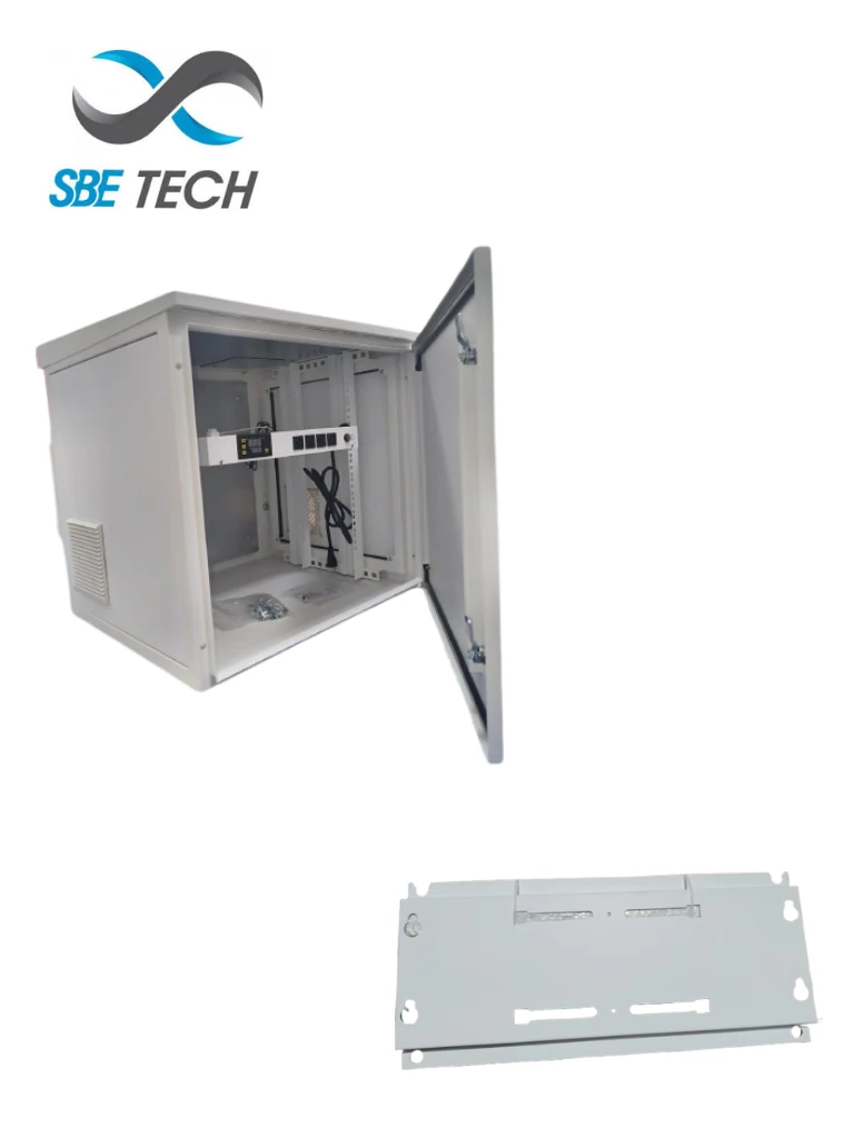 SBE TECH SBE-FRT9UR + SBE-SOPFTRT - Gabinete Exterior 19" 9UR con Herraje de Fijación para Pared, Torre o Poste / Con pintura electrostática RAL7035